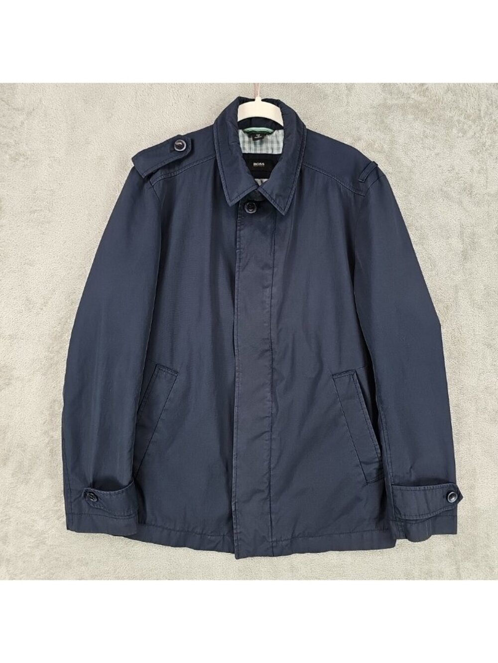 Hugo Boss Coat Mens 38R Blue Carsyn Rain Full Zip Lined Mid Length Lightweight